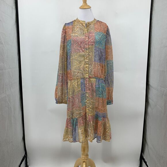 Boston Proper Balloon Sleeve Shirt Dress Women L Button Up Patchwork Flounce - Picture 2 of 12